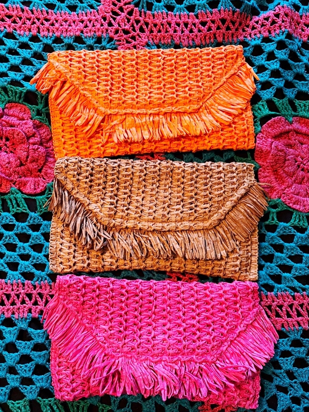 SHEIN Orange, Tan & Pink Woven Fringe Clutch Trio Bundle VGC